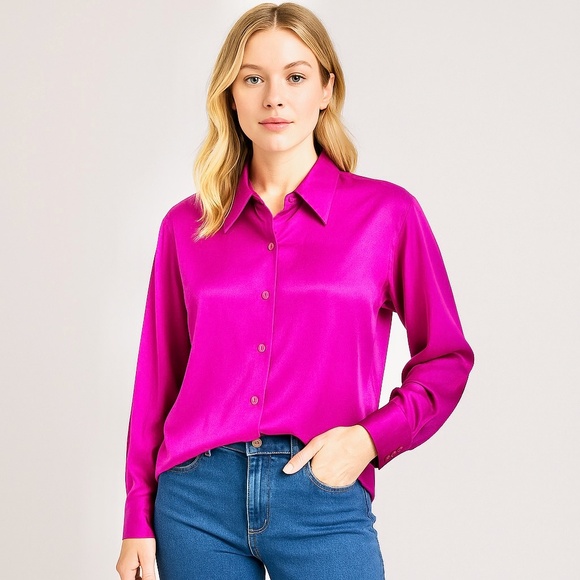 Pacific Silk Studio 100% Silk Blouse | Fuchsia Pink | Size M - Picture 1 of 9